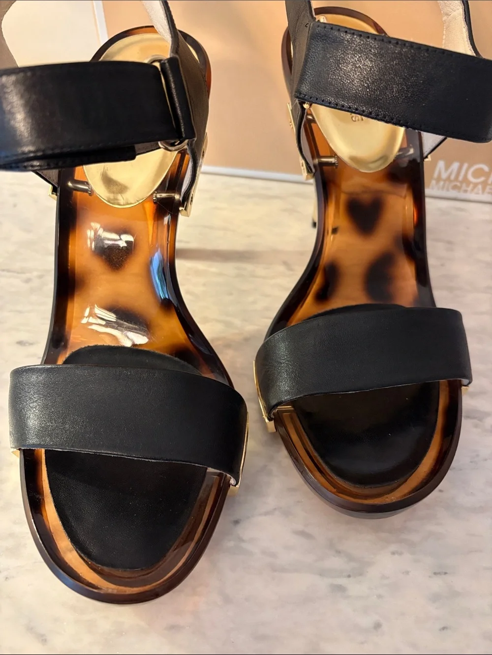 Michael Kors Black Leather Lani Sandals with Gold Accents size 9